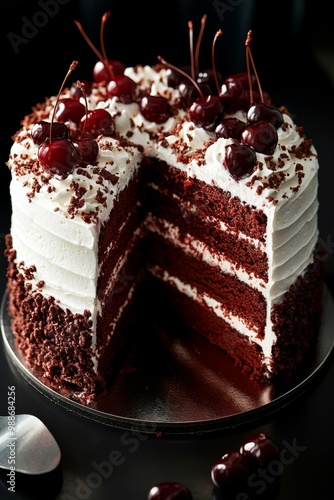 Delicious Black Forest cake, Schwartzwalder kirschtorte, decorated with whipped cream and cherries. Chocolate cake with cherries.	 photo