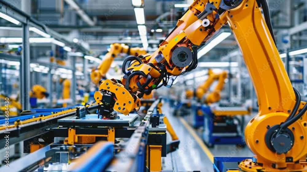 Robotic arm in a factory setting, assembling or manipulating components on a production line. Robotic arm in a factory setting, assembling or manipulating components on a production line.