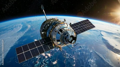 A satellite orbiting Earth, showcasing technology and space exploration. photo