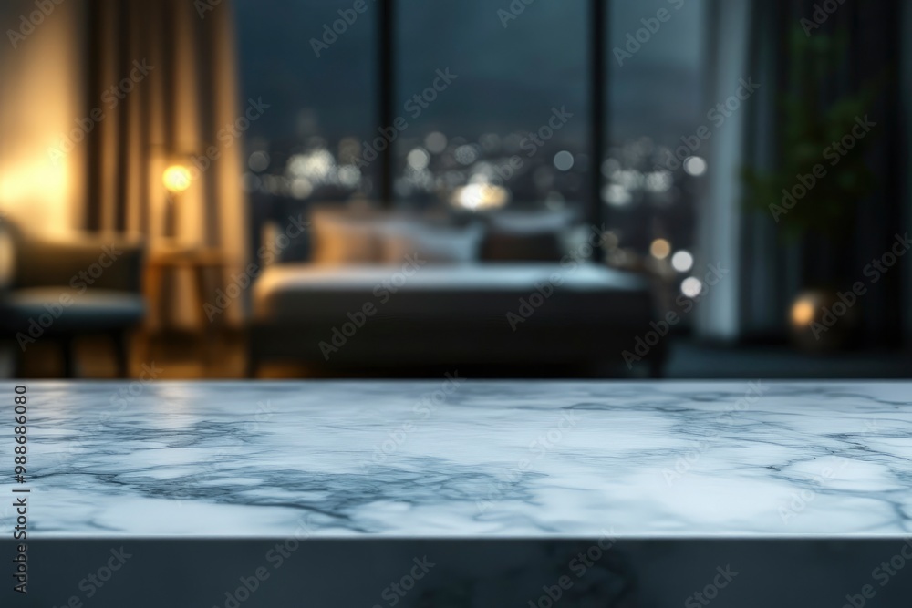 Natural marble tabletop with copy space over blurred dark bedroom at night in the background with generative ai Natural marble tabletop with copy space over blurred dark bedroom at night in the background with generative ai