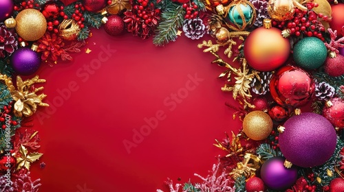 Festive Christmas Ornament Border on Red Background