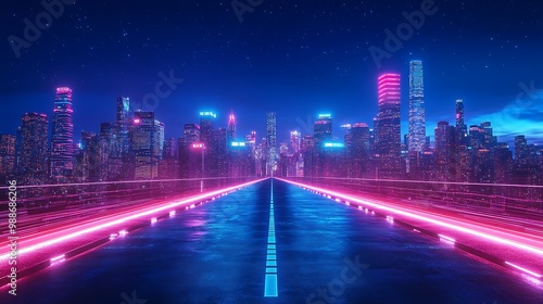 Neon Cityscape with Road and Stars - 3D Illustration