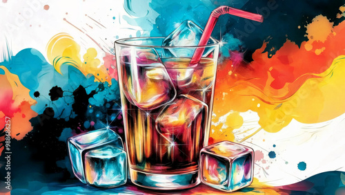 A watercolor illustration of a glass of coke with ice cubes photo