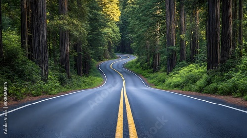 Winding Road Through Tall Trees in a Forest - A Realistic Image