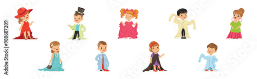 Cute Little Kids Wearing Elegant Adult Oversized Clothes Vector Set