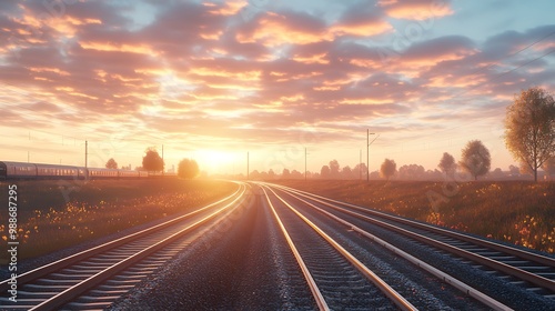 Train Tracks at Sunset 3D Illustration