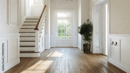 Wallpaper Mural Bright and airy entry foyer with white wall stair case light colored hard wood flooring dark walnut front door entry coat rack hooks to a welcoming interior Torontodigital.ca