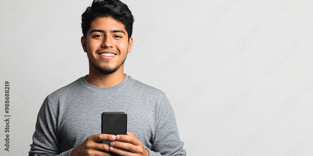 Smiling man holding smartphone, plain background Smiling man holding smartphone, plain background