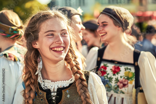 Young women in traditional Bavarian dirndls enjoying lively atmosphere of Oktoberfest. Perfect for showcasing celebration of German culture, Oktoberfest festivities, and joyful community gatherings photo