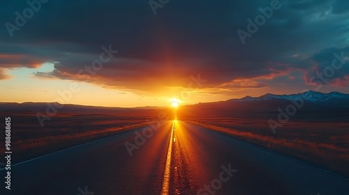 Highway Through Mountain Range Landscape with Sunset Photo