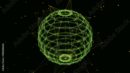 Abstract colors sci-fi sphere with particles and lines. Technology network connection on world. Futuristic vector illustration. Global digital connections ai. 3D wireframe geometric sphere.