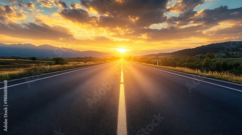 Asphalt Road Leading to the Sunset with Mountains in the Background Realistic Image