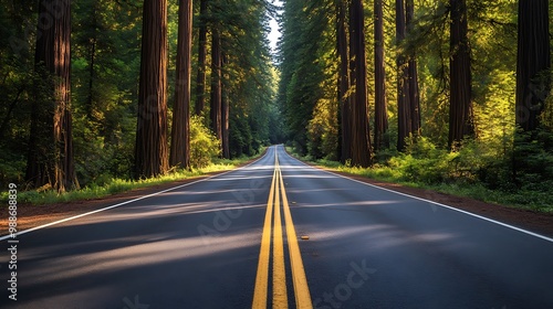 Asphalt Road Through a Redwood Forest - Photographic Image