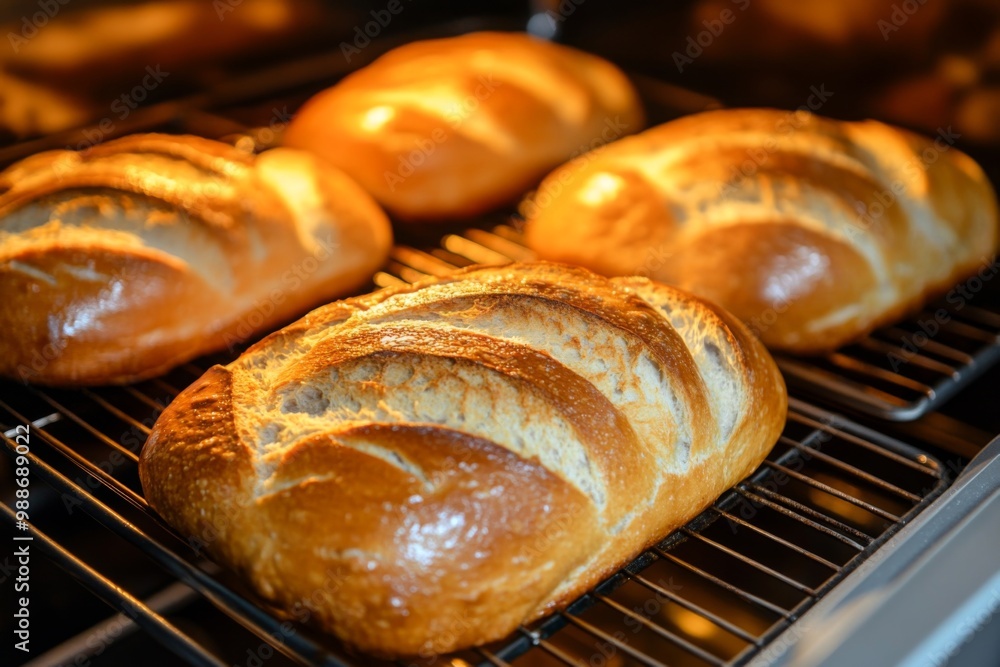 Golden artisanal bread slowly rising in the oven, wonderfully fragrant and ready to be served warm Golden artisanal bread slowly rising in the oven, wonderfully fragrant and ready to be served warm