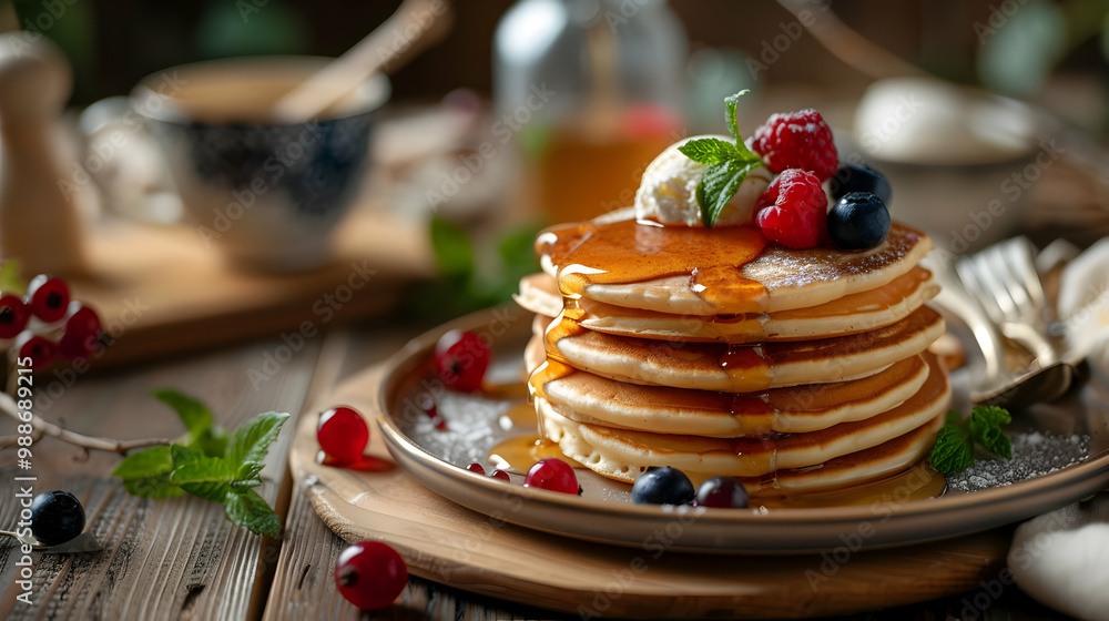 Delicious Pancakes with Berries and Syrup Perfect Breakfast Delicious Pancakes with Berries and Syrup Perfect Breakfast