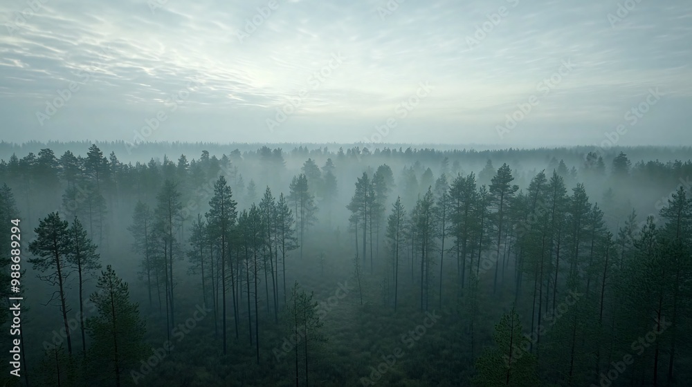 Fototapeta premium Misty morning forest with tall pine trees, aerial view.