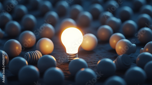 One glowing light bulb standing out from the crowd of many others on a dark background