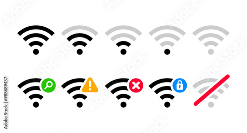 Wi-Fi symbol. Full and weak signal indicators, symbols for searching, warnings, errors, security, and no connection.