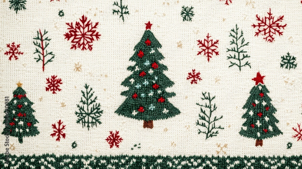 Naklejka premium Festive Green Christmas Sweater Pattern with Knitted Texture Featuring Snowflakes and Christmas Trees on White Background. Classic Holiday Themed Design for Winter Decoration, Apparel, and Festivity.