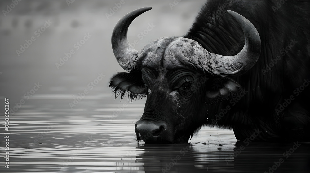 Close-Up of a Majestic African Buffalo Drinking Water Close-Up of a Majestic African Buffalo Drinking Water