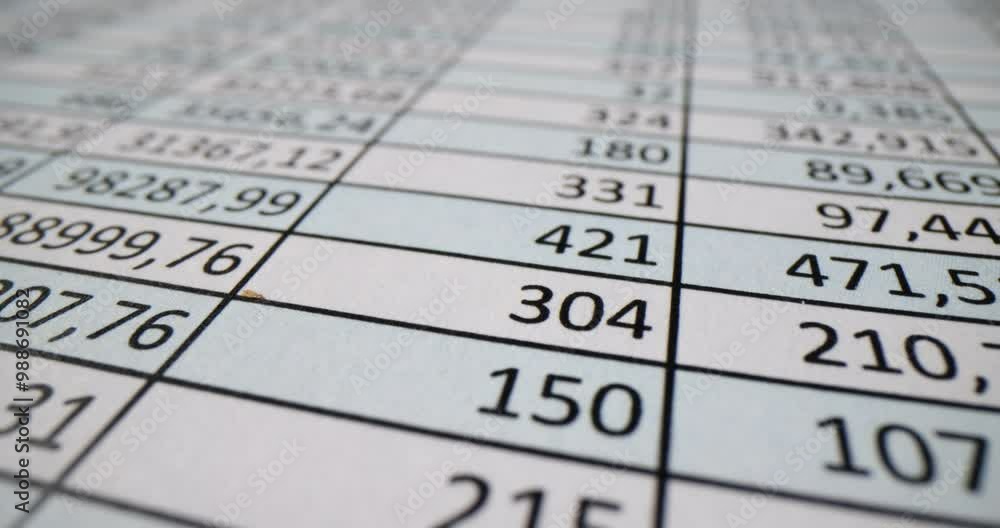 Spreadsheet filled with financial data studied in office. Accountant document with numbers and digits in columns cells. Informed decision making Spreadsheet filled with financial data studied in office. Accountant document with numbers and digits in columns cells. Informed decision making