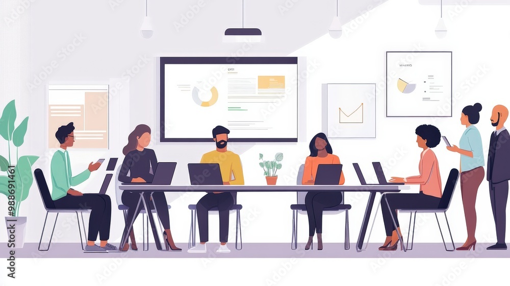 A diverse business team collaborating in a modern conference room, with laptops, tablets A diverse business team collaborating in a modern conference room, with laptops, tablets
