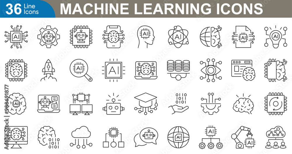 Machine learning outline icons set vector illustrator. AI, data analysis, algorithms, data, automation, learning, science, networks and more. Machine learning outline icons set vector illustrator. AI, data analysis, algorithms, data, automation, learning, science, networks and more.