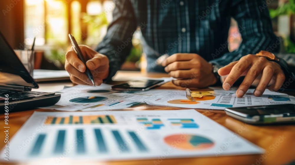 A financial planner reviewing investment options with a client, with charts A financial planner reviewing investment options with a client, with charts