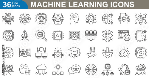 Machine learning outline icons set vector illustrator. AI, data analysis, algorithms, data, automation, learning, science, networks and more.