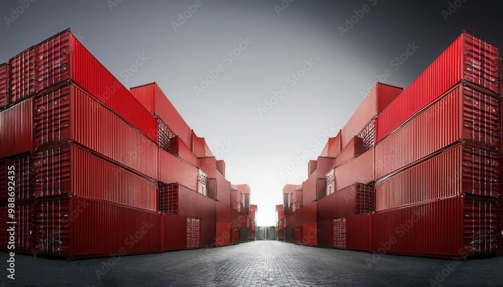 Fototapeta premium Stacked shipping containers create a red path leading to light.