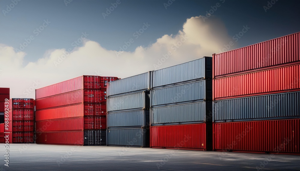 Stacked shipping containers at a port under a cloudy sky. Stacked shipping containers at a port under a cloudy sky.