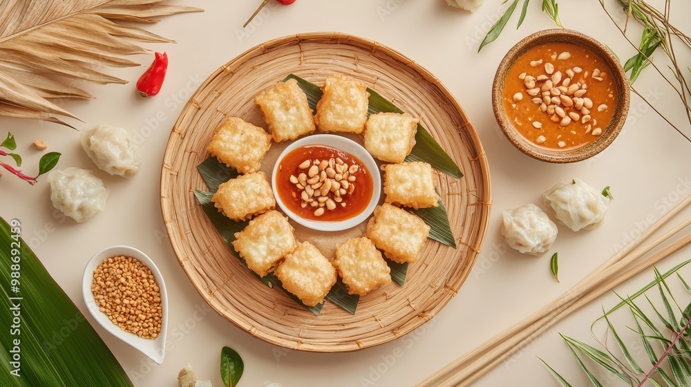 A beautifully arranged platter of fried dumplings with dipping sauce and garnishes.