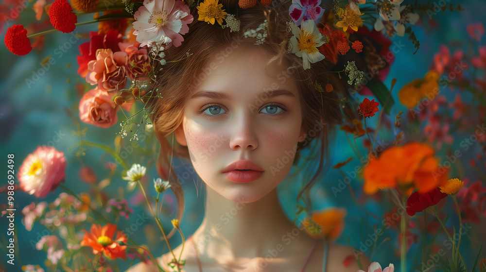 Portrait of a beautiful woman with flowers in her hair, on a light blue background Portrait of a beautiful woman with flowers in her hair, on a light blue background