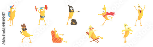 Funny Banana Yellow Character Engaged in Different Activity Vector Set