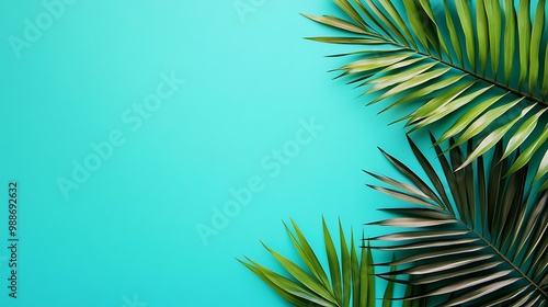 Green Palm Leaves on Blue Background