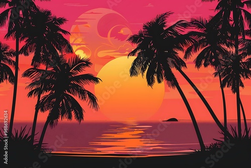 Silhouettes of Palm Trees on the Beach at Sunset