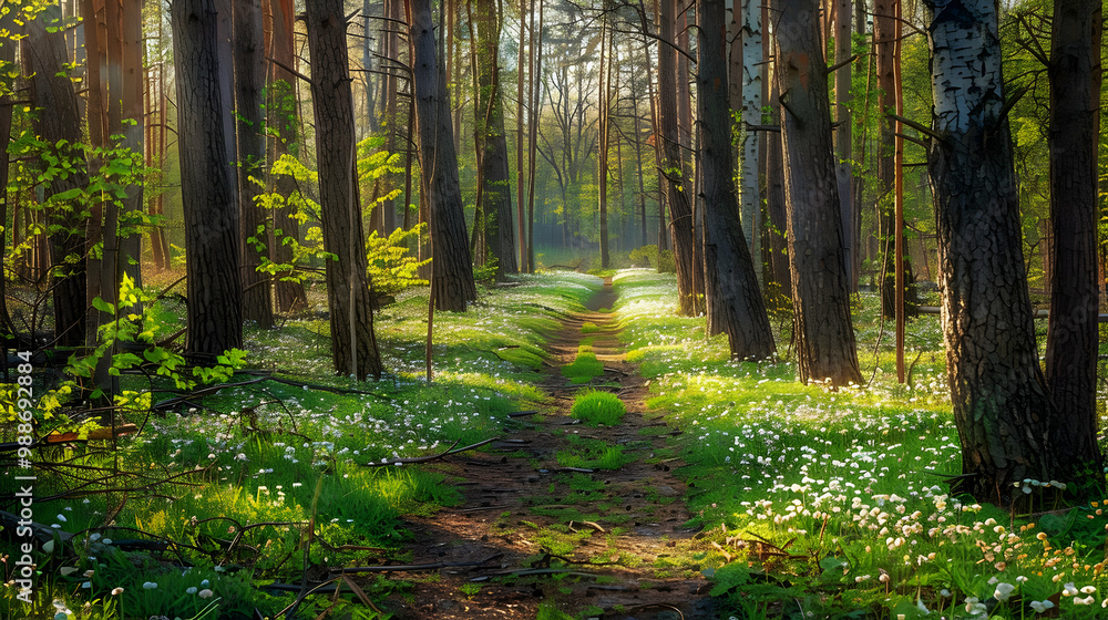 Obraz premium Sun Dappled Forest Path A Serene Woodland Scene
