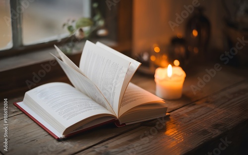 Open book on a wooden table next to a burning candle, lit by a window. photo