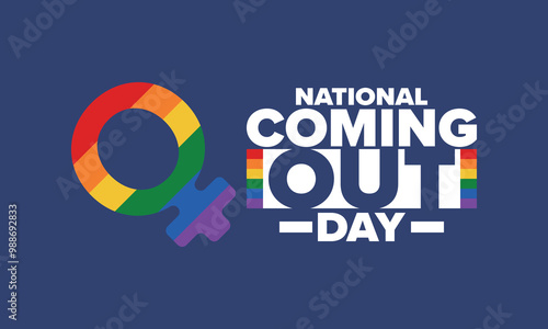 National Coming Out Day. Happy holiday. Pride month. LGBT rainbow flag. Diversity and equality. Gay and lesbian. Free love, heart shape. Illustration. Vector poster