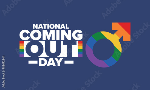 National Coming Out Day. Happy holiday. Pride month. LGBT rainbow flag. Diversity and equality. Gay and lesbian. Free love, heart shape. Illustration. Vector poster