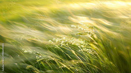 Sunlit Grass Blades Swaying in the Wind