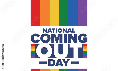 National Coming Out Day. Happy holiday. Pride month. LGBT rainbow flag. Diversity and equality. Gay and lesbian. Free love, heart shape. Illustration. Vector poster