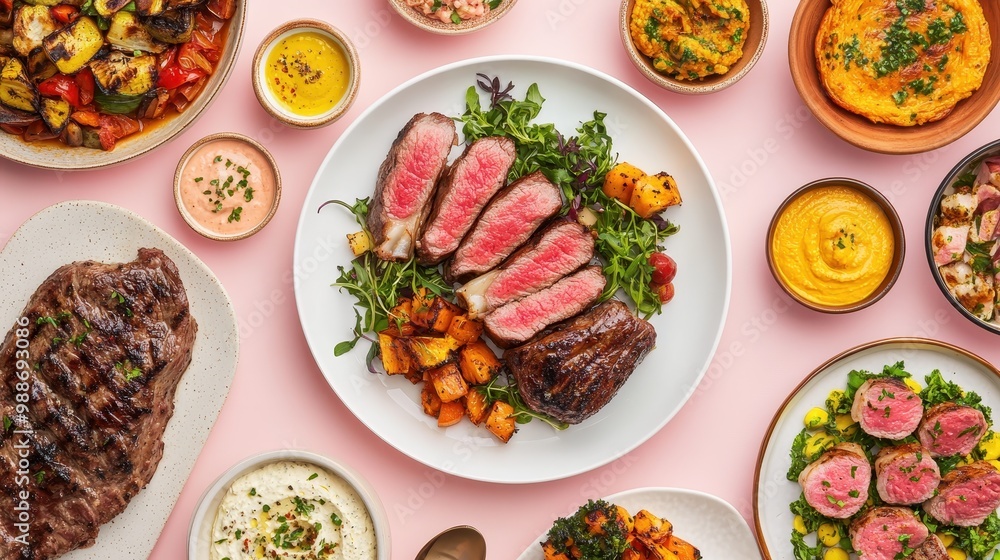 A beautifully arranged platter of gourmet meats and sides on a pink background. A beautifully arranged platter of gourmet meats and sides on a pink background.