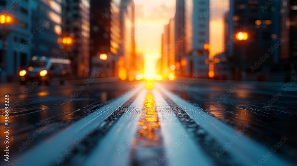 Golden sunlight reflects on wet pavement as cars pass through the bustling city during twilight Golden sunlight reflects on wet pavement as cars pass through the bustling city during twilight
