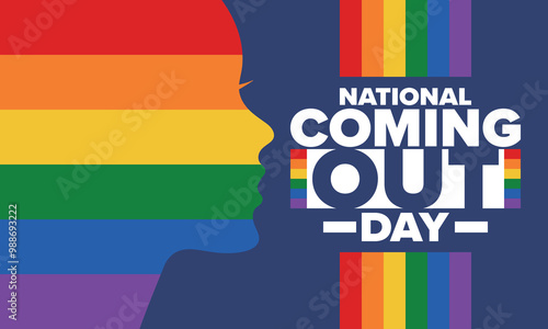National Coming Out Day. Happy holiday. Pride month. LGBT rainbow flag. Diversity and equality. Gay and lesbian. Free love, heart shape. Illustration. Vector poster