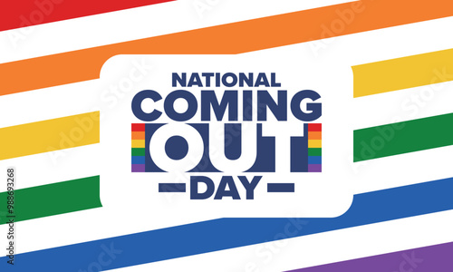 National Coming Out Day. Happy holiday. Pride month. LGBT rainbow flag. Diversity and equality. Gay and lesbian. Free love, heart shape. Illustration. Vector poster