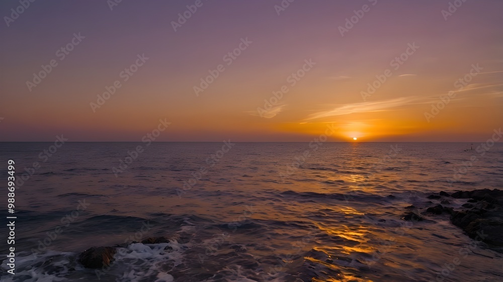 Fototapeta premium Sunset over the sea, highlighting a vibrant orange, red, and purple evening sky, with ocean water gently rippling, offering a beautiful wallpaper background