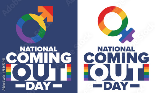 National Coming Out Day. Happy holiday. Pride month. LGBT rainbow flag. Diversity and equality. Gay and lesbian. Free love, heart shape. Illustration. Vector poster