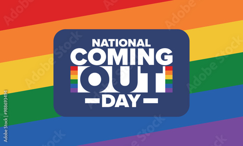 National Coming Out Day. Happy holiday. Pride month. LGBT rainbow flag. Diversity and equality. Gay and lesbian. Free love, heart shape. Illustration. Vector poster