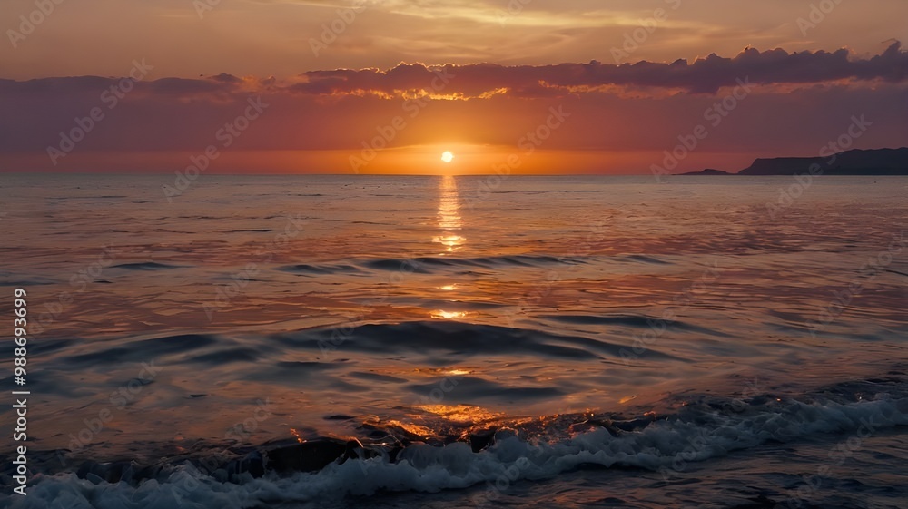 Obraz premium Sunset over the sea, featuring a beautiful orange, red, and purple evening sky, with ocean water gently rippling, creating a stunning wallpaper background